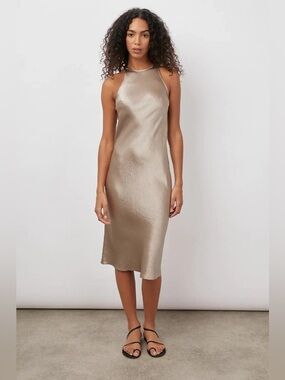 Rails Solene Textured Satin Crepe High Neck Midi Dress in Latte - Size S